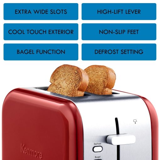Kenmore 2-Slice Red Stainless Steel Toaster, Wide Slot, Bagel/Defrost - Image 4