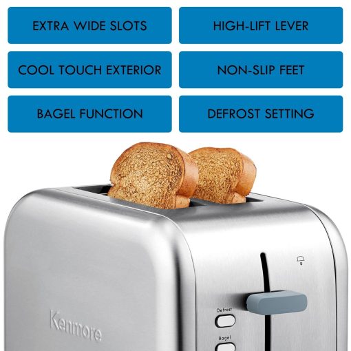 Kenmore 2-Slice Gray Stainless Steel Toaster, Wide Slot, Bagel/Defrost - Image 4