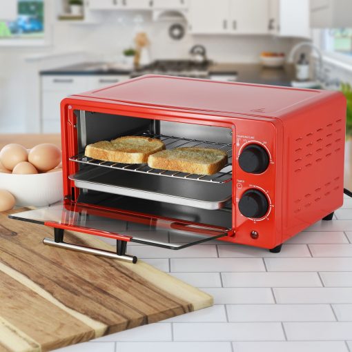 Counter Top Compact 9L Electric Toaster Oven with Rack in Red