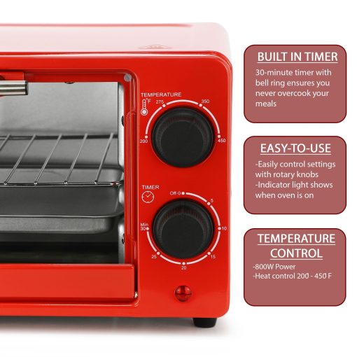 Counter Top Compact 9L Electric Toaster Oven with Rack in Red - Image 3