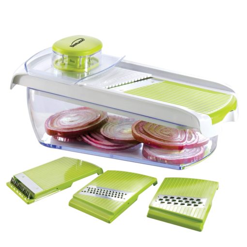 Mandollin Slicer with 5 Cup Storage Container and 4 Interchangeable Stainless Steel Blades in Green - N/A