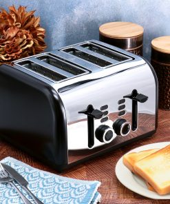 Carlow Wide Slot 4-Slice 1400W Stainless Steel Toaster in Black