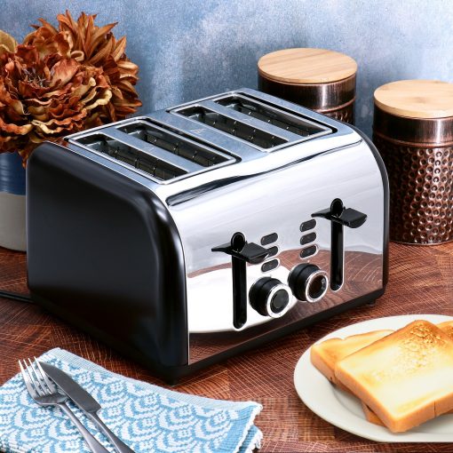 Carlow Wide Slot 4-Slice 1400W Stainless Steel Toaster in Black