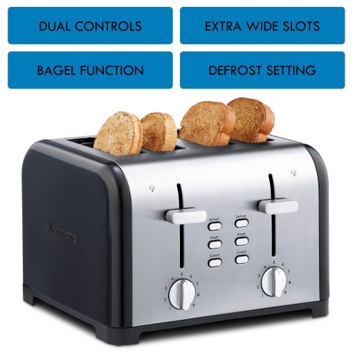 Kenmore 4-Slice Black Stainless Steel Toaster, Dual Controls,Wide Slot - Image 4