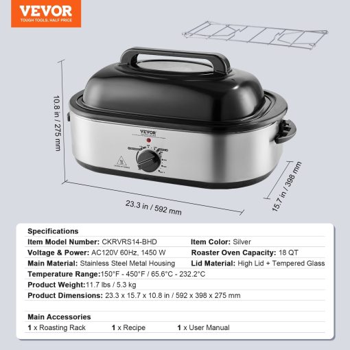 VEVOR Electric Roaster Oven Turkey Roaster Oven with Self-Basting Lid Adjustable Temp