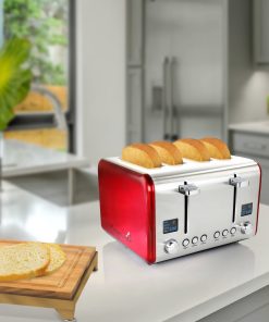 4 Slice Dual Control Digital Display Toaster in Stainless Steel Red