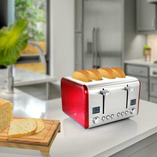 4 Slice Dual Control Digital Display Toaster in Stainless Steel Red