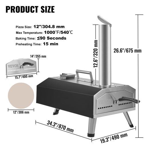VEVOR 12in 13in & 16in Multi-fuel Outdoor Pizza Oven Portable Outside Pizza Grill (Rotate stone for 16in Gas and 12in Wood Gas)