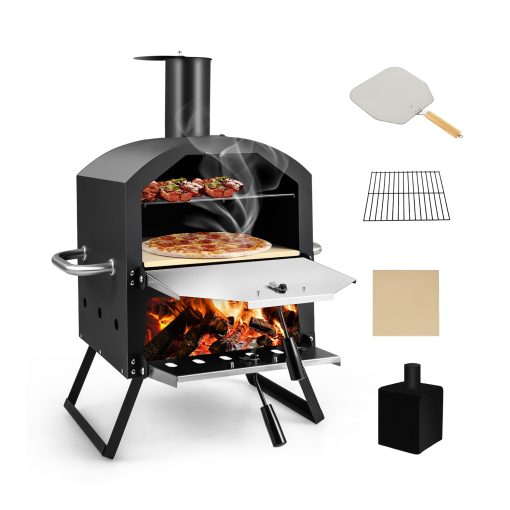 Costway 2-Layer Pizza Oven Wood Fired Pizza Grill Outside Pizza Maker - 21.5'' x 12'' x 28'' (L x W x H)