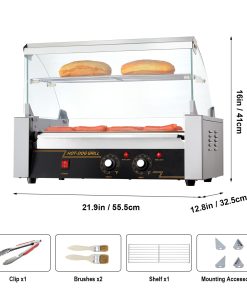 Hot Dog Roller Stainless Sausage Grill Cooker Machine with Dual Temp Control Glass Hood Acrylic Cover Bun Warmer