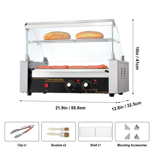 Hot Dog Roller Stainless Sausage Grill Cooker Machine with Dual Temp Control Glass Hood Acrylic Cover Bun Warmer