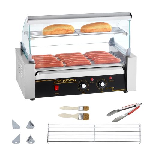 Hot Dog Roller Stainless Sausage Grill Cooker Machine with Dual Temp Control Glass Hood Acrylic Cover Bun Warmer - Image 2