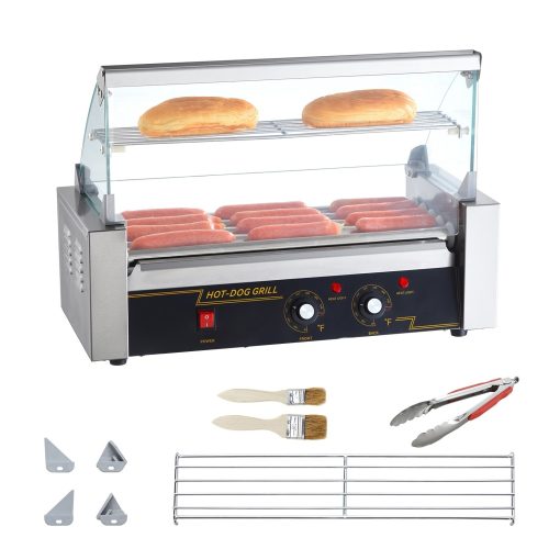Hot Dog Roller Stainless Sausage Grill Cooker Machine with Dual Temp Control Glass Hood Acrylic Cover Bun Warmer - Image 3