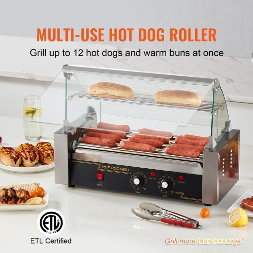 Hot Dog Roller Stainless Sausage Grill Cooker Machine with Dual Temp Control Glass Hood Acrylic Cover Bun Warmer - Image 4