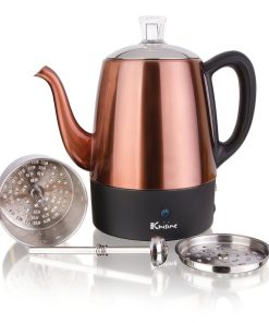 Euro Cuisine PER04 Stainless Steel Electric Coffee Percolator, 4 Cup, Polished Copper Finish, Dripless Gooseneck Spout