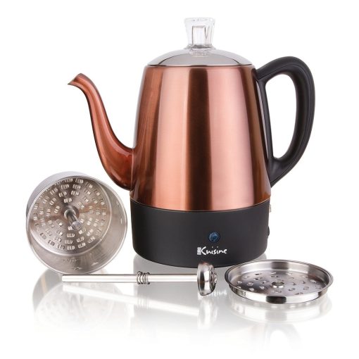 Euro Cuisine PER04 Stainless Steel Electric Coffee Percolator, 4 Cup, Polished Copper Finish, Dripless Gooseneck Spout