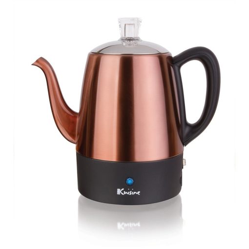 Euro Cuisine PER04 Stainless Steel Electric Coffee Percolator, 4 Cup, Polished Copper Finish, Dripless Gooseneck Spout - Image 2