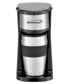 Brentwood Portable Single Serve Coffee Maker with 14oz Travel Mug in Black - 5"D x 10"W x 7"H