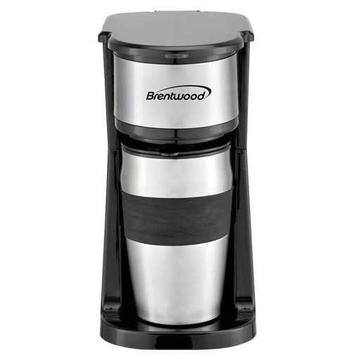 Brentwood Portable Single Serve Coffee Maker with 14oz Travel Mug in Black - 5"D x 10"W x 7"H