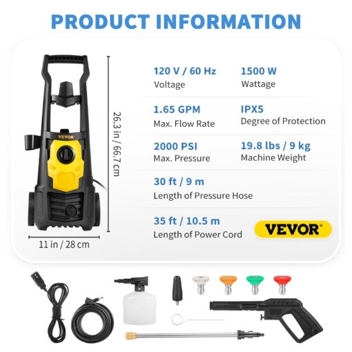 VEVOR Electric Pressure Washer 2000 PSI 1.65 GPM Power w/ 30 ft Hose 5 Nozzles - 2000PSI - Image 8