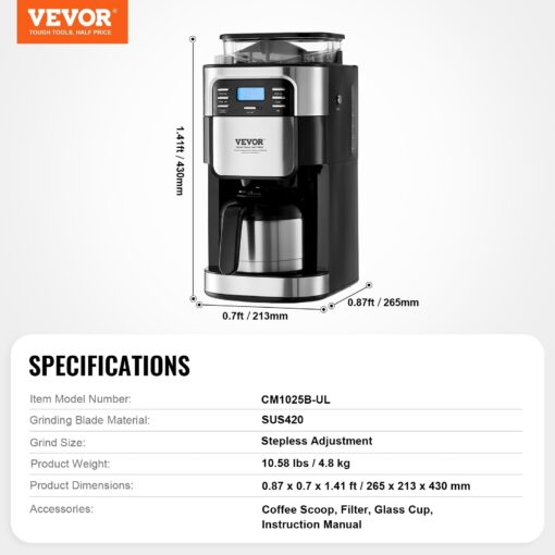 Coffee Maker with Grinder, Coffee Machine, Grind and Brew Coffee Maker for Auto Brew, for Home Office Restaurant