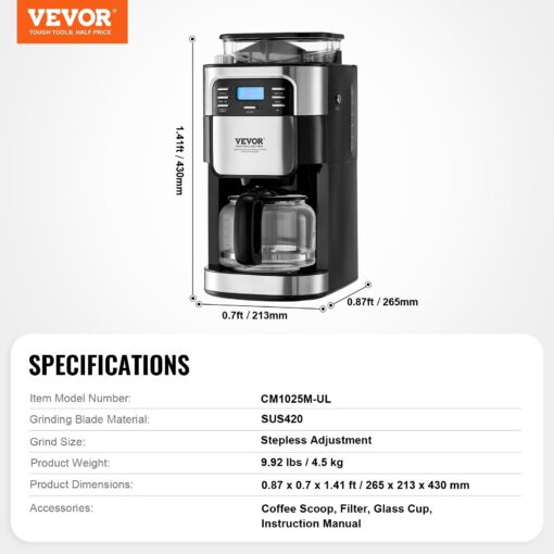 Coffee Maker with Grinder, Coffee Machine, Grind and Brew Coffee Maker for Auto Brew, for Home Office Restaurant - Image 9